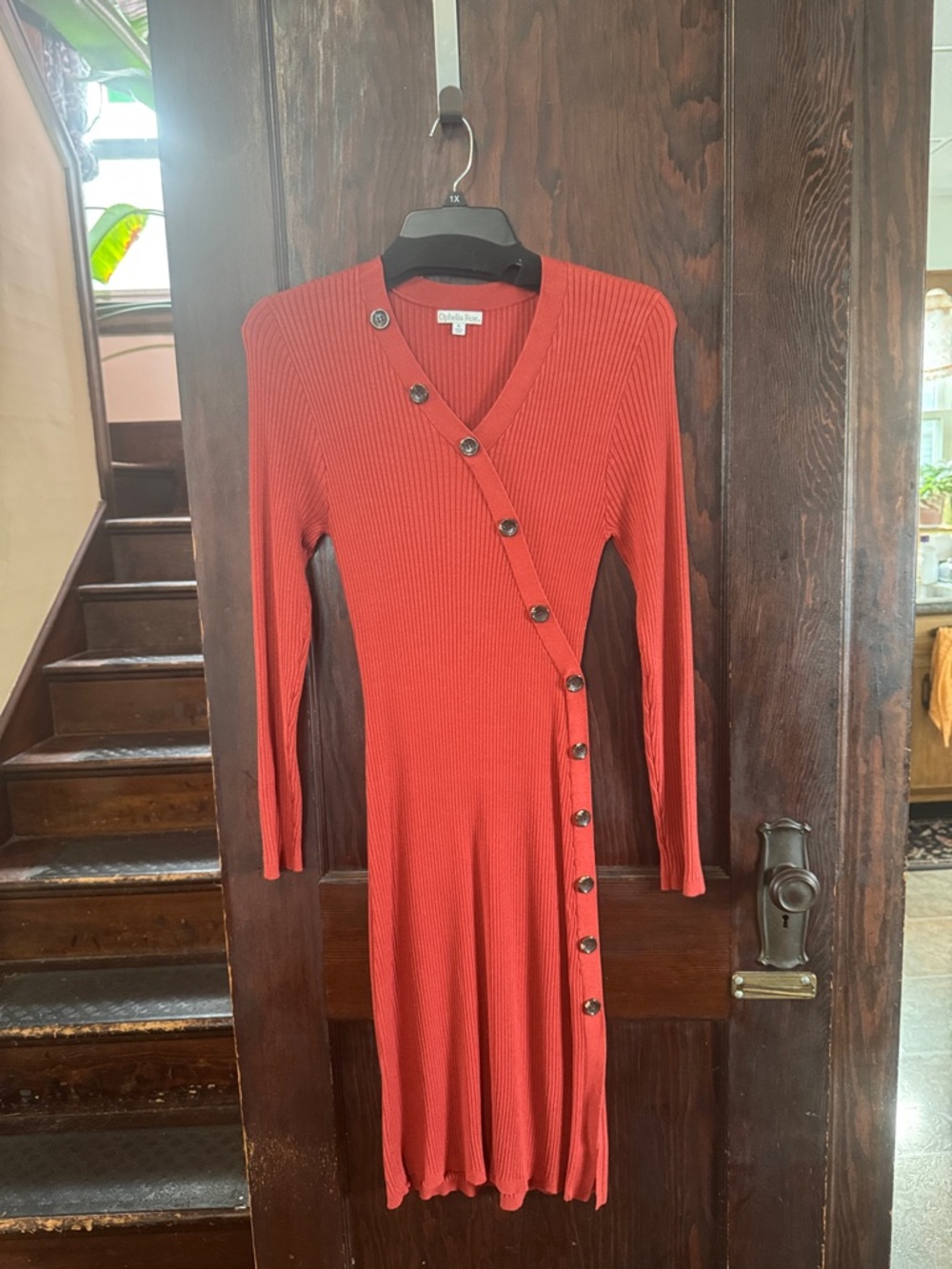 Asymmetrical Button-Front Long Sleeve Knit Dress — Red